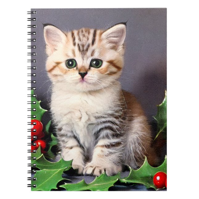 Vintage Christmas Kitten and Holly Notebook (Front)