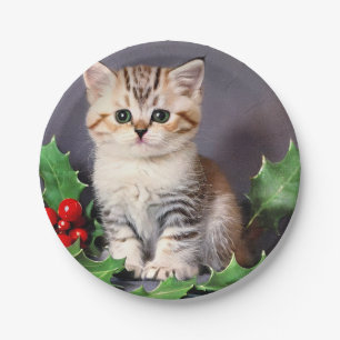 Vintage Christmas Kitten and Holly Paper Plate