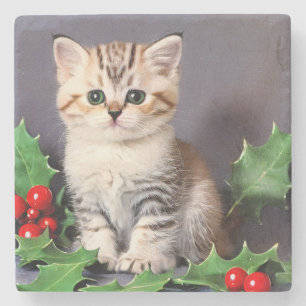 Vintage Christmas Kitten and Holly Stone Coaster