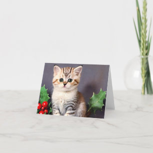 Vintage Christmas Kitten and Holly Thank You Card