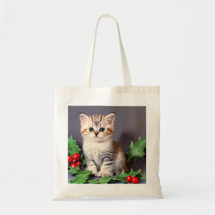 Vintage Christmas Kitten and Holly Tote Bag