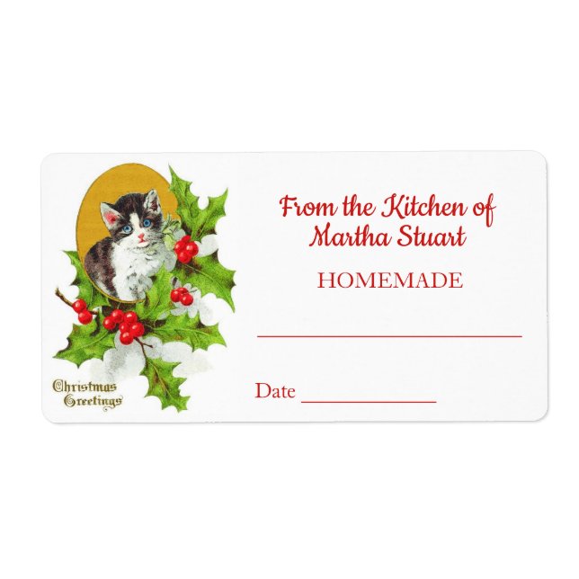 Vintage Christmas Kitten Baking Canning Jar Labels (Front)