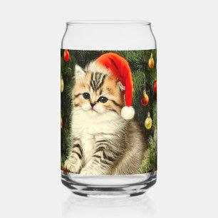 Vintage Christmas Kitten Can Glass