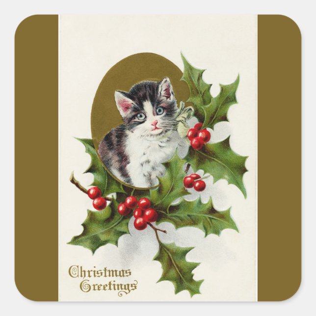 Vintage Christmas Kitten Gold Square Sticker (Front)