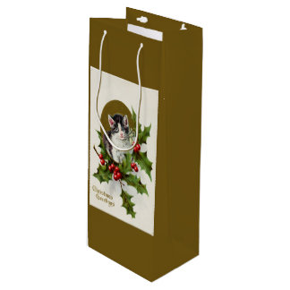 Vintage Christmas Kitten Gold Wine Gift Bag