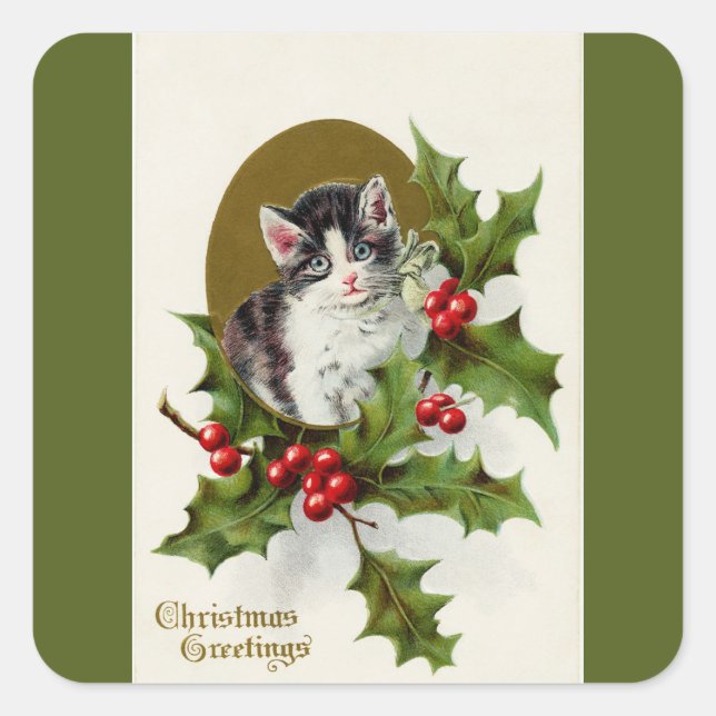 Vintage Christmas Kitten Green Square Sticker (Front)