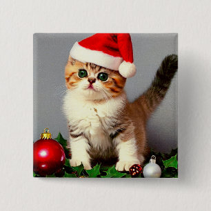 Vintage Christmas Kitten in Santa Hat 15 Cm Square Badge