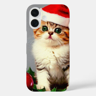 Vintage Christmas Kitten in Santa Hat iPhone 16 Case