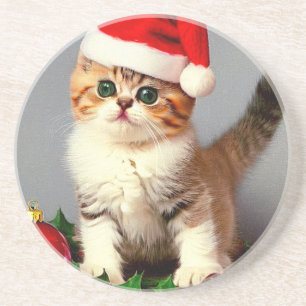 Vintage Christmas Kitten in Santa Hat Coaster