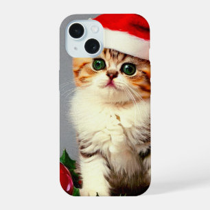 Vintage Christmas Kitten in Santa Hat iPhone 15 Case