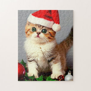 Vintage Christmas Kitten in Santa Hat Jigsaw Puzzle