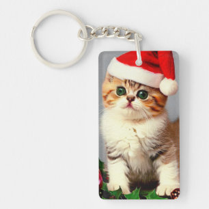 Vintage Christmas Kitten in Santa Hat Key Ring