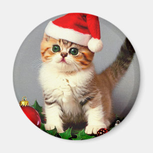 Vintage Christmas Kitten in Santa Hat Magnet