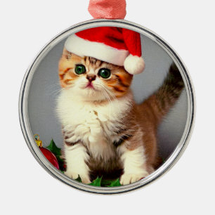 Vintage Christmas Kitten in Santa Hat Metal Tree Decoration