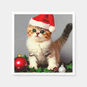 Vintage Christmas Kitten in Santa Hat Napkin