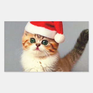 Vintage Christmas Kitten in Santa Hat Rectangular Sticker