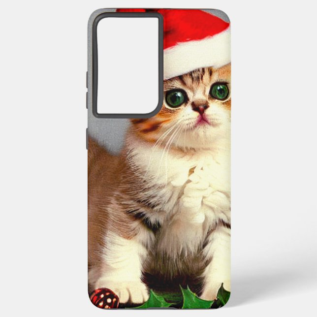 Vintage Christmas Kitten in Santa Hat Samsung Galaxy S21 Ultra Case (Back)