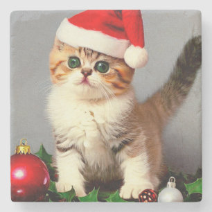 Vintage Christmas Kitten in Santa Hat Stone Coaster