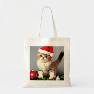 Vintage Christmas Kitten in Santa Hat Tote Bag