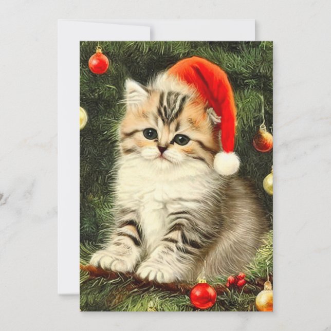 Vintage Christmas Kitten Invitation (Front)