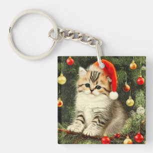 Vintage Christmas Kitten Key Ring