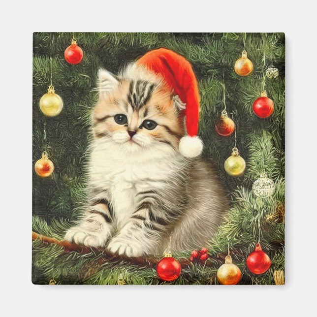 Vintage Christmas Kitten Magnet (Front)