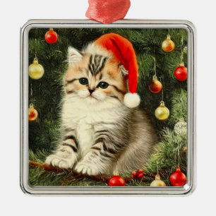 Vintage Christmas Kitten Metal Tree Decoration