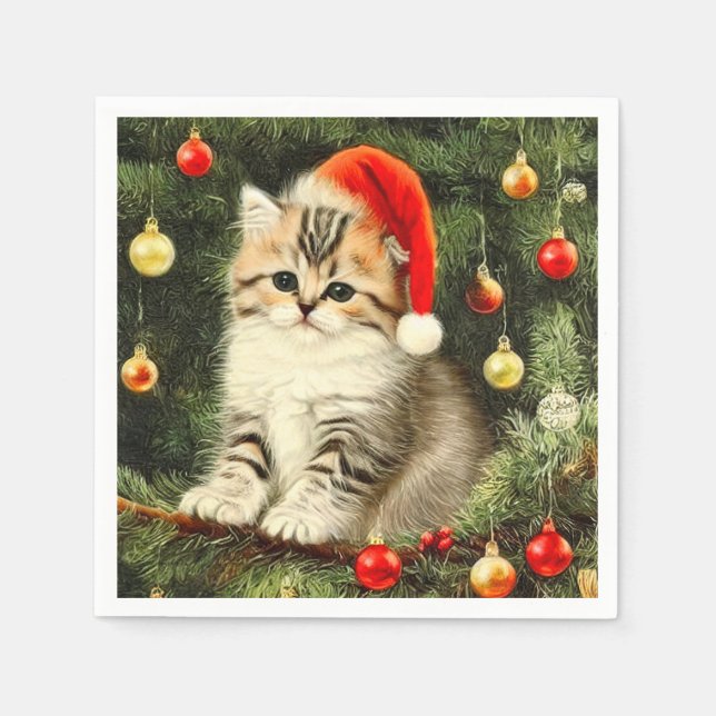 Vintage Christmas Kitten Napkin (Front)