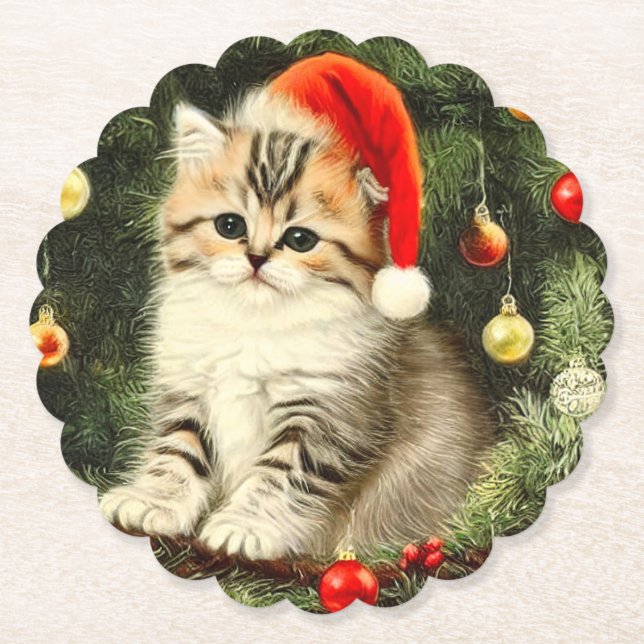 Vintage Christmas Kitten Paper Coaster (Front)
