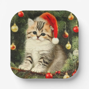 Vintage Christmas Kitten Paper Plate