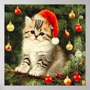 Vintage Christmas Kitten Poster