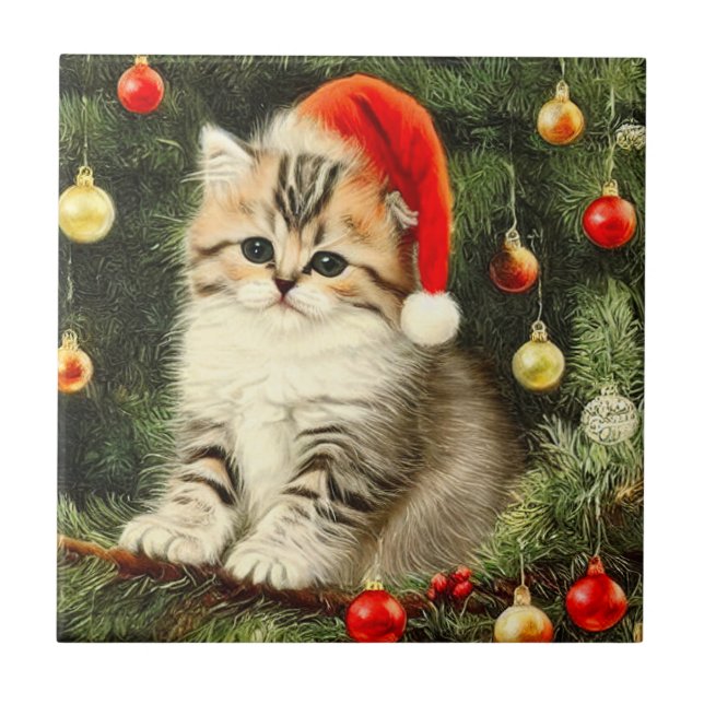 Vintage Christmas Kitten Tile (Front)