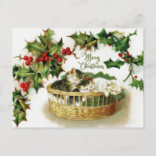 Vintage Christmas Kittens in Basket, Holly Berry Holiday Postcard