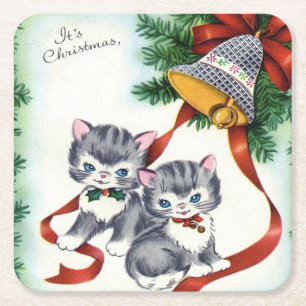 Vintage Christmas Kittens Square Paper Coaster