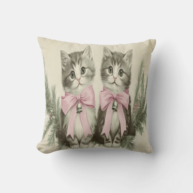 Vintage Christmas Kittens with Pink Bows Cushion (Front)