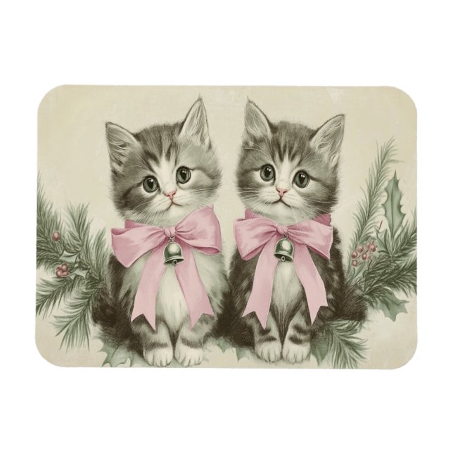 Vintage Christmas Kittens With Pink Bows Flexible Magnet (Horizontal)
