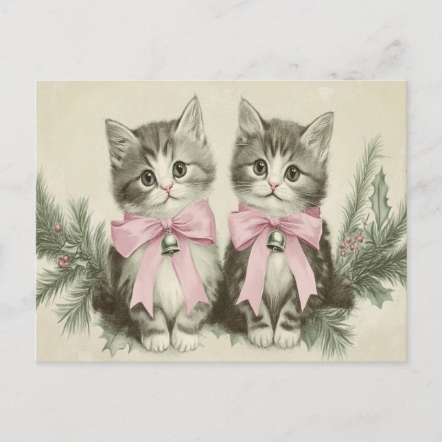 Vintage Christmas Kittens with Pink Bows Postcard (Front)