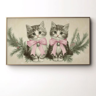 Vintage Christmas Kittens with Pink Bows Poster