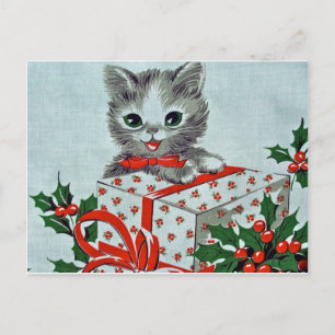 Vintage Christmas Kitty Cat With Gift Holiday Postcard