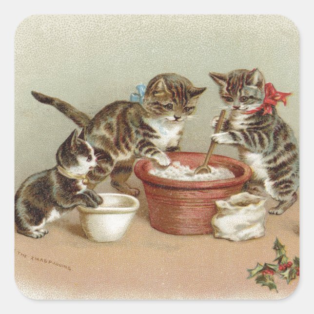 Vintage Christmas Kitty Cats Making Pudding Square Sticker (Front)