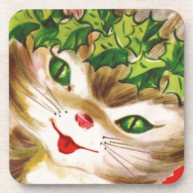 vintage Christmas kitty Coaster (Front)
