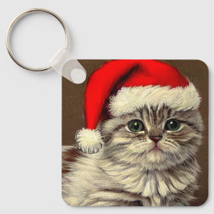 Vintage Christmas Kitty Wearing Santa Hat Key Ring