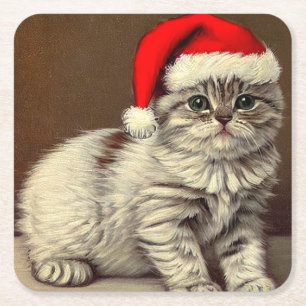 Vintage Christmas Kitty Wearing Santa Hat Square Paper Coaster