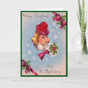 Vintage Christmas Lady Custom Name Blank Inside Holiday Card