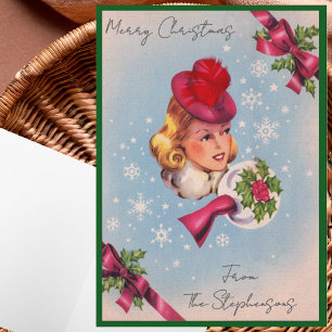 Vintage Christmas Lady Custom Name Blank Inside Holiday Card