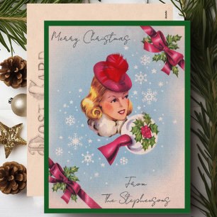 Vintage Christmas Lady Custom Name Postcard
