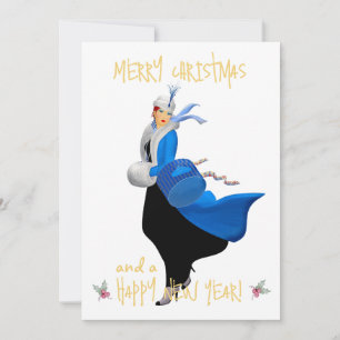 Vintage Christmas lady Merry Christmas greeting Holiday Card