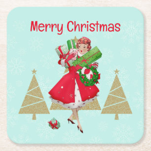 Vintage Christmas Lady Presents Red Green Gold Square Paper Coaster