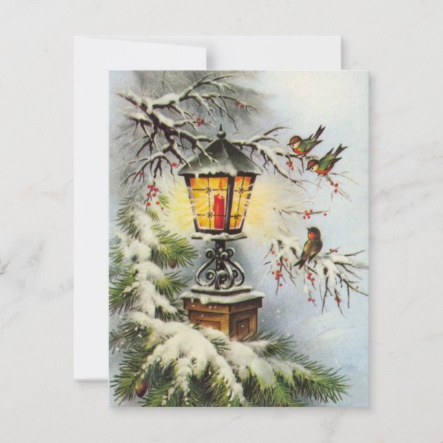 Vintage Christmas Lantern Light And Birds Holiday Card (Front)