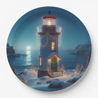 Vintage Christmas lighthouse Paper Plate
